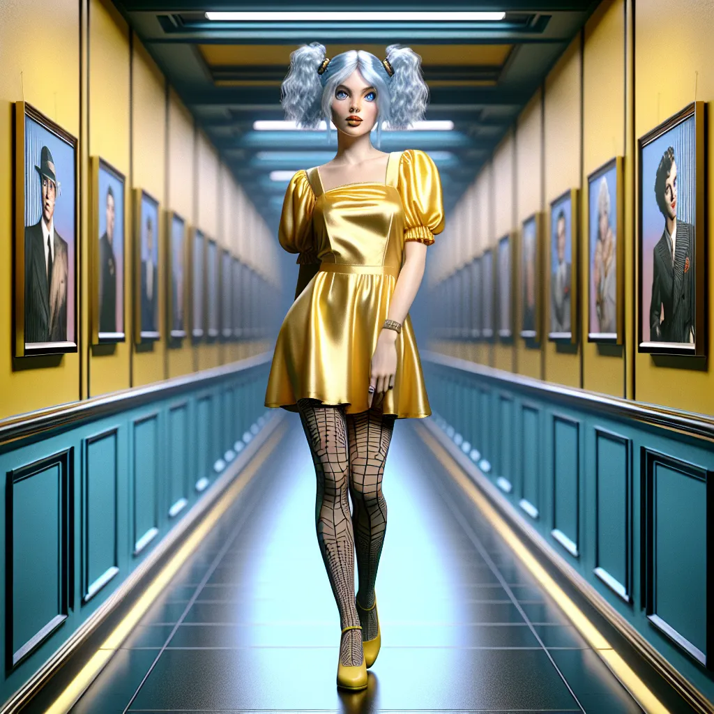 Prompt: Walls have empty frames. Caucasian woman with blueish blonde pigtails, big blue eyes, full body shot, in yellow satin pinafore very short minidress, spiderweb tights, dancing, in yellow and blue corridor, Emma Geary, pop art, detailed facial features, professional art quality, fantasy, atmospheric lighting, yellow and blue tones, detailed facial features, blue-blonde pigtails, detailed eyes, full body shot, professional art quality, fantasy, pop art, atmospheric lighting, yellow satin pinafore minidress, long legs, spiderweb tights, blue and yellow corridor, dancing with serenity 