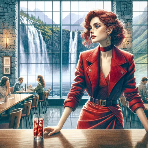 Prompt: Colored pencils, mixed media, gouache, watercolor, ink. Pastel tones. Inside restaurant with waterfall outside windows. Intense emotions. Full body shot. Scottish red hair Woman with many freckles. wavy hair, raw photo.  Slender, small-waist, long legs, melancholy eyes woman, two bright blue eyes, three quarter profile, looking at waterfalls through window.  She wears very tight, very short thigh-high tight red miniskirt with matching red jacket, choker, big hoop earrings, natural textured skin, high-quality, detailed, realistic, , atmospheric lighting, restaurant patrons, waiters in background, Scottish red hair woman in red miniskirt, leggy