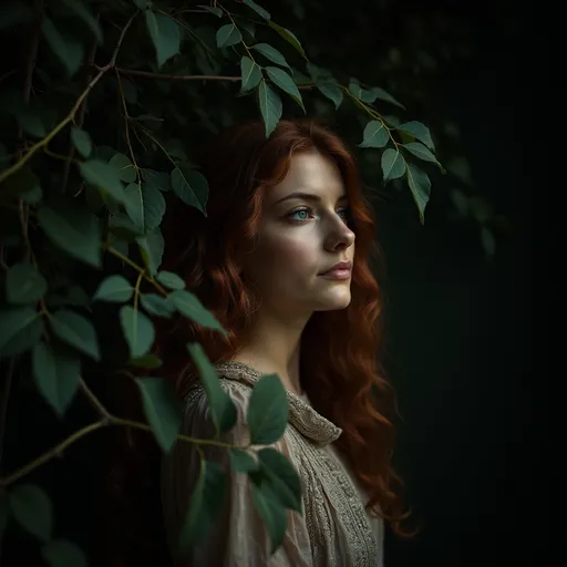 Prompt: a pre-Raphaelite woman  is surrounded by leaves and branches, with a black background and a shadow of a tree, Diego Gisbert Llorens, art photography, portrait photography, a character portrait