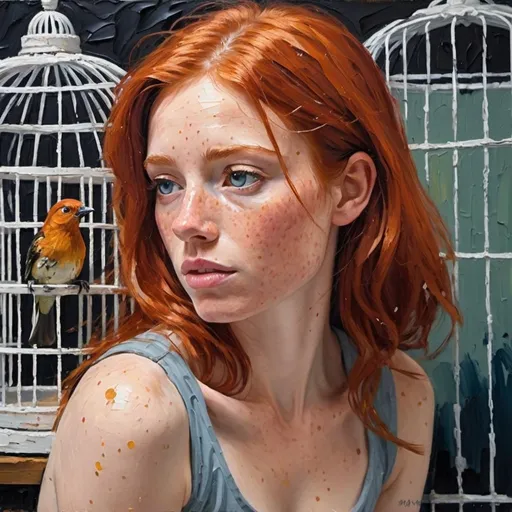 Prompt: thick impasto oil painting of freckled redhead looking at a bird cage, thick bumpy paint strokes