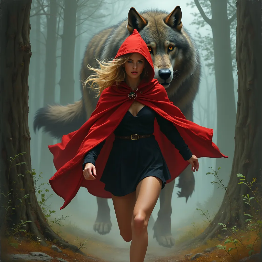 Prompt: ((Breathtaking fantasy painting masterpiece)), ((realistic illustrated character concept art illustration)), ((by Alexander Averin)), ((by Tom Bagshaw)), ((by John Atkinson Grimshaw)), ((little red riding hood, blonde, blue eyed, grown woman 27 years old, dressed in red cloaked cape and hood over red very short black minidress (leggy but not busty) in full worried and panic mode)), full body, face (uhf face features-very worried for help), ((running through the forest from the big bad wolf)), Giant wolf behind her.
