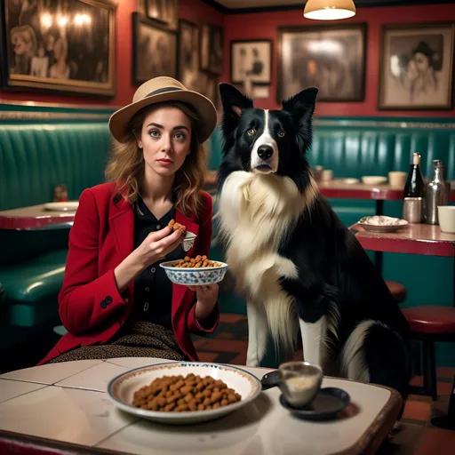 Prompt: <mymodel>attractive woman and border collie, both share an affectionate look as they eat their bowls of kibbles. Diner. Counter.