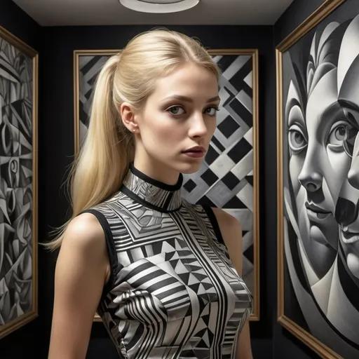 Prompt: (Art deco style), a captivating scene of M.C. Escher-inspired optical illusion, a beautiful Caucasian woman with (long golden side-ponytail blonde hair) stares at a (framed oil painting of a man). black and silver and gold tones, (woman wearing a op art 1960s very short pencil minidress with pinafore neckline) in an ornate hall, (cool color scheme), intricate and flowing patterns, delicate curves, reminiscent of Milo Manara's art, high detail, enchanting atmosphere, silver light illuminating the soft textures, serene but visually complex background, ultra-detailed masterpiece.