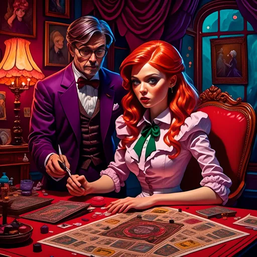 Prompt: <mymodel>(cartoony woman looks like Miss Scarlett with a knife in the drawing room, attacking Professor Plum who holds a candlestick. surreal board game based on "Clue", vibrant color tones, dramatic lighting, intense and chaotic atmosphere, detailed character expressions,  intricate game board background, whimsical and trippy elements, high level of detail, 4K, ultra-detailed, 2D illustration, trending on artstation