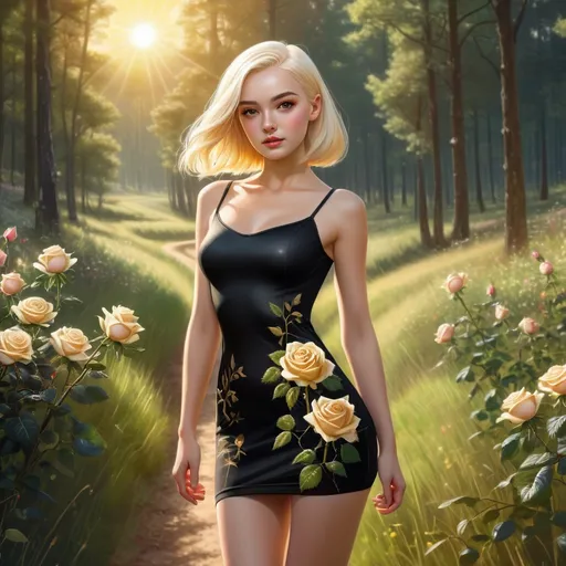 Prompt:  Very short, tight minidress black dress woman, 22 years old, with  high definition, very detailed face, pale gold hair, path through forest. Single rose , pasture,, spring, blooming, sunrise, forest, sun light, light from behind, fields, flowers Ultra high definition, realistic picture, detailed,  style of Stan lee