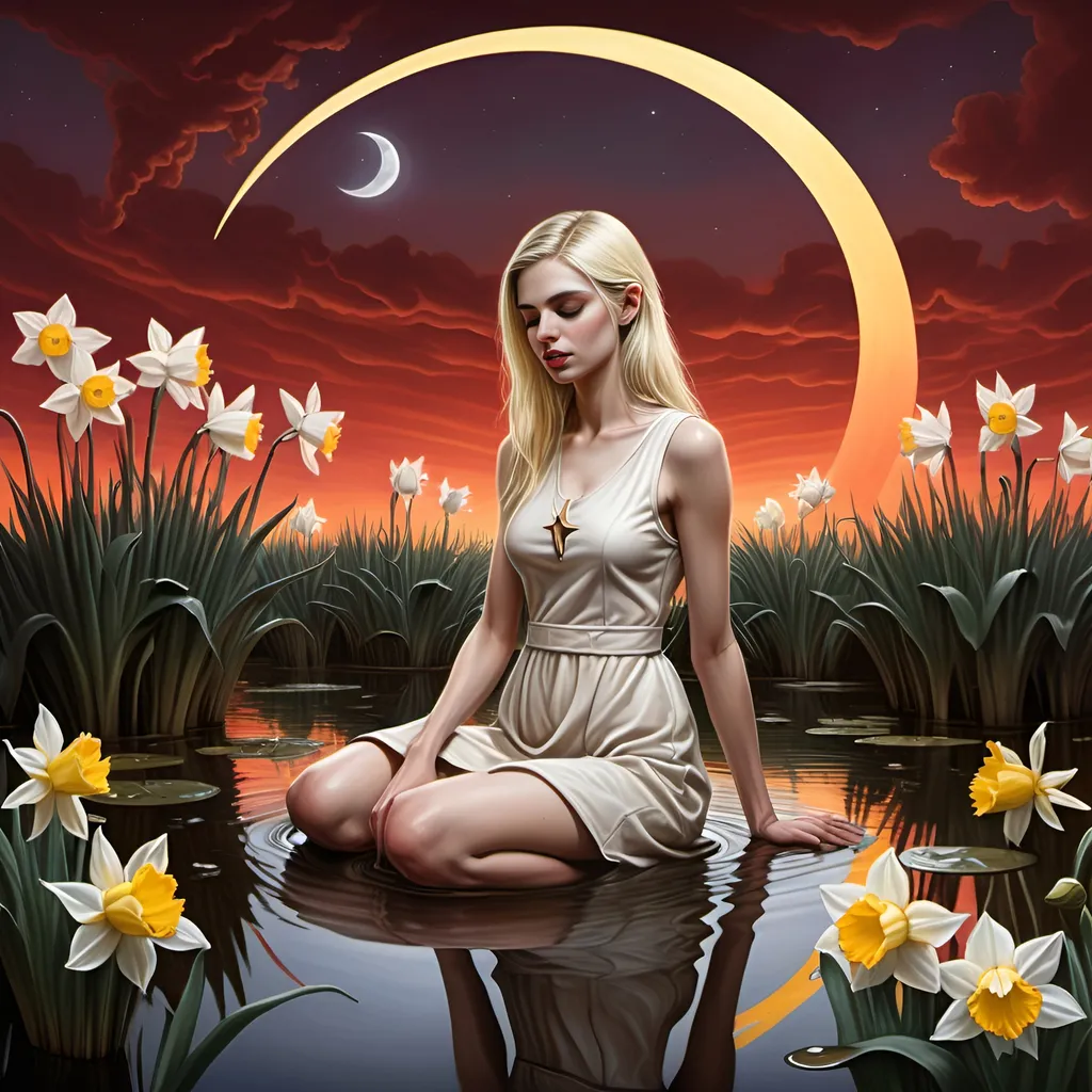 Prompt: a painting of a slender blonde woman in a clinging wet cotton shift standing up to her knees in a pond with daffodils and a crescent moon in the background with a red sky, Anne Stokes, space art, highly detailed digital painting, a fine art painting