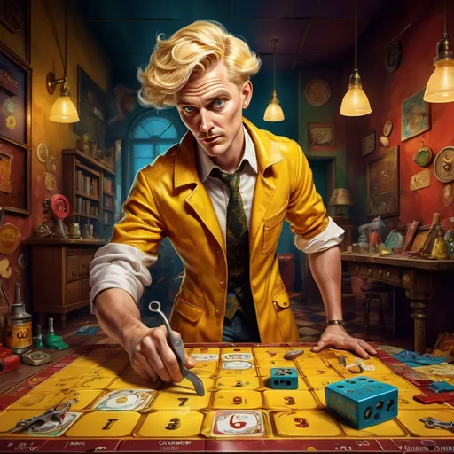 Prompt: The board game called “Clue” : blond man dressed as Colored Mustard holds a wrench. surreal board game based on "Clue", vibrant color tones, dramatic lighting, intense and chaotic atmosphere, detailed character expressions,  intricate game board background, whimsical and trippy elements, high level of detail, 4K, ultra-detailed faces, 2D illustration, trending on artstation