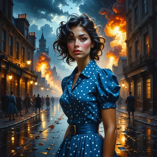 Prompt: (surrealism style mid waist portrait ), vibrant color scheme, (1941 London), shadowy streets at night, mid waist portrait of a beautiful messy hair women in short blue polka dot dress (highly detailed facial features) outside a quaint pub, search lights streaking through a tumultuous sky, vivid explosions lighting the dark atmosphere, bombed and ruined structures surrounding the scene, (dramatic), chaotic ambiance, high contrast between shadow and colorful explosions, (ultra-detailed), evocative imagery, sense of urgency and dread.