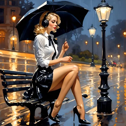 Prompt: Leyendecker magazine illustration Close up <mymodel> sitting in park with headphones on. Tight black skirt, long wet legs in tights with natural sheen, high heels, shirt soaked wet with rain. Illuminated by streetlights. Night. Rain. Mist.