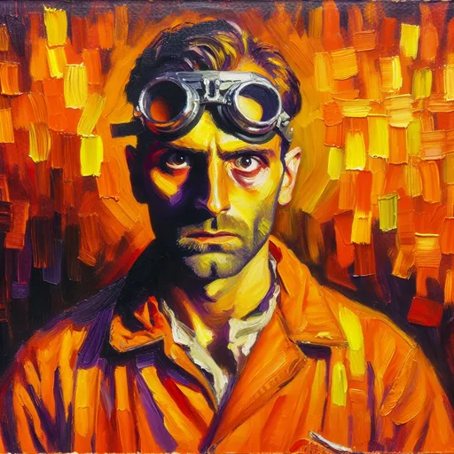 Prompt: Caucasian man in orange prison jumpsuit and googles, expressionism, dark orange yellow, vibrant use light shadow