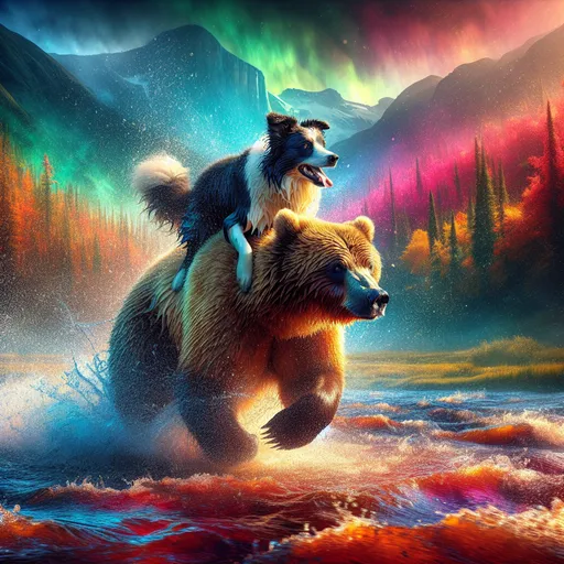 Prompt: Surrealism style, (grizzly bear running through water with border collie on its back), (dynamic splash), capturing a moment of wild energy, (vibrant color scheme) with rich hues, (highly detailed textures of fur), whimsical landscape background, dreamlike atmosphere, emphasis on movement and chaos, dramatic light reflections on water surface, (4K) ultra-detailed imagery, an enchanting interplay of colors, evocative and lively visual storytelling.