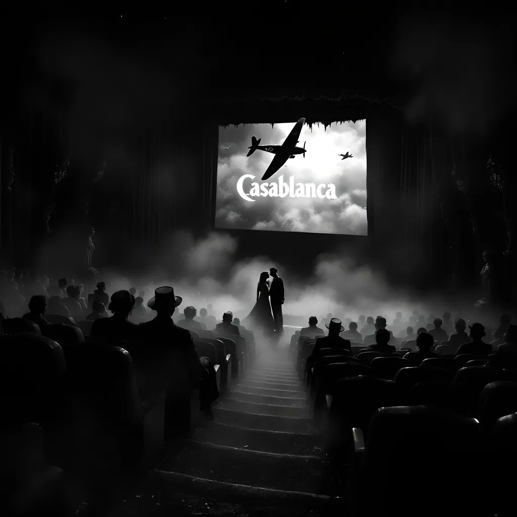 Prompt: "Gothic surrealism. Art-deco cinema hall filled with mismatched antique seats, all different, occupied by a Victorian bourgeois audience. Framed by thick  black curtains that fray into shreds, the screen are the words “Casablanca” shows a black and white scene from the film Casablanca, misty fog, a world war 2  British Spitfire plane, a kissing couple in trench coat and fedora, romantic core   A light white haze creeps into the room from the screen, like diaphanous tentacles of mist. In the dark corners, art deco statues evoke an eerie presence and baroque distorting mirrors with polished obsidian surface are strategically positioned to create disorienting reflections. The atmosphere is heavy with foreboding, evoking the eerie, hypnotic quality of the works of Luis Royo and Zdzisław Beksiński. Low-angle shot. Moody lighting with deep shadows. Best quality. Immersive atmosphere. Cinematic experience. Intricate details in the Zentangle style. Deep color, fantastical, intricate detail, splash screen, complementary colors, fantasy concept art, 8k resolution trending on Artstation Unreal Engine 5 Professional photography, bokeh. 