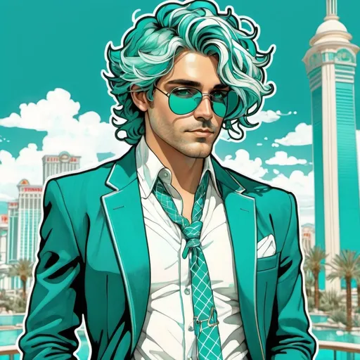 Prompt: line art, teal and white, male with eyepatch , full body, Las Vegas background, checkered blazer, bolo tie with large turquoise, messy hair, freckles, lonely