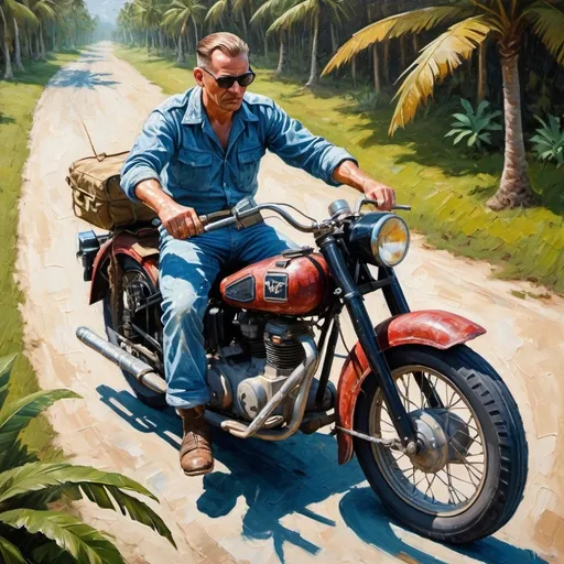 Prompt: Thick impasto oil painting of a vintage World War Two motorcycle, aerial shot looking downwards, Caucasian man in jeans driving away from camera, wearing sunglasses in a tropical climate, bumpy paint strokes, high texture, vintage, historical, detailed, art, impasto, oil painting, World War Two, motorcycle, tropical climate, thick paint strokes, high quality, vintage style, atmospheric lighting