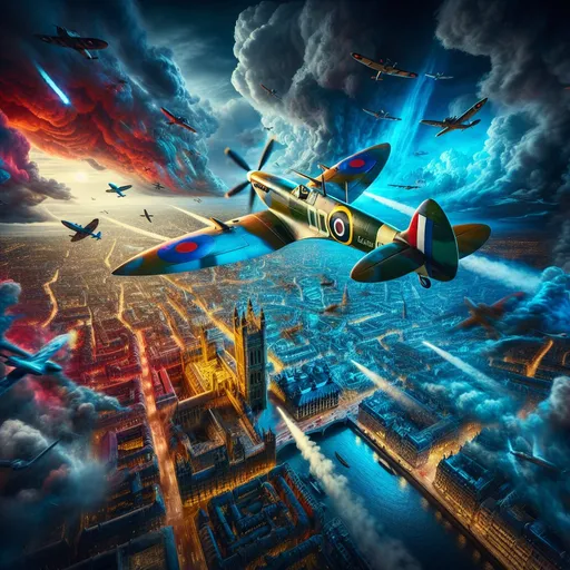 Prompt: Aerial wide shot of a surreal English Spitfire flying over London at night, air battle against German bombers, downward angle perspective, bright surreal colors, surrealism, World War 2, London Blitz, detailed aircraft, intense aerial combat, cityscape below, colorful cloudscape lit by spotlights, dramatic lighting, highres, surrealism, nighttime, historic, detailed city, warplanes, intense action, surreal atmosphere, epic battle