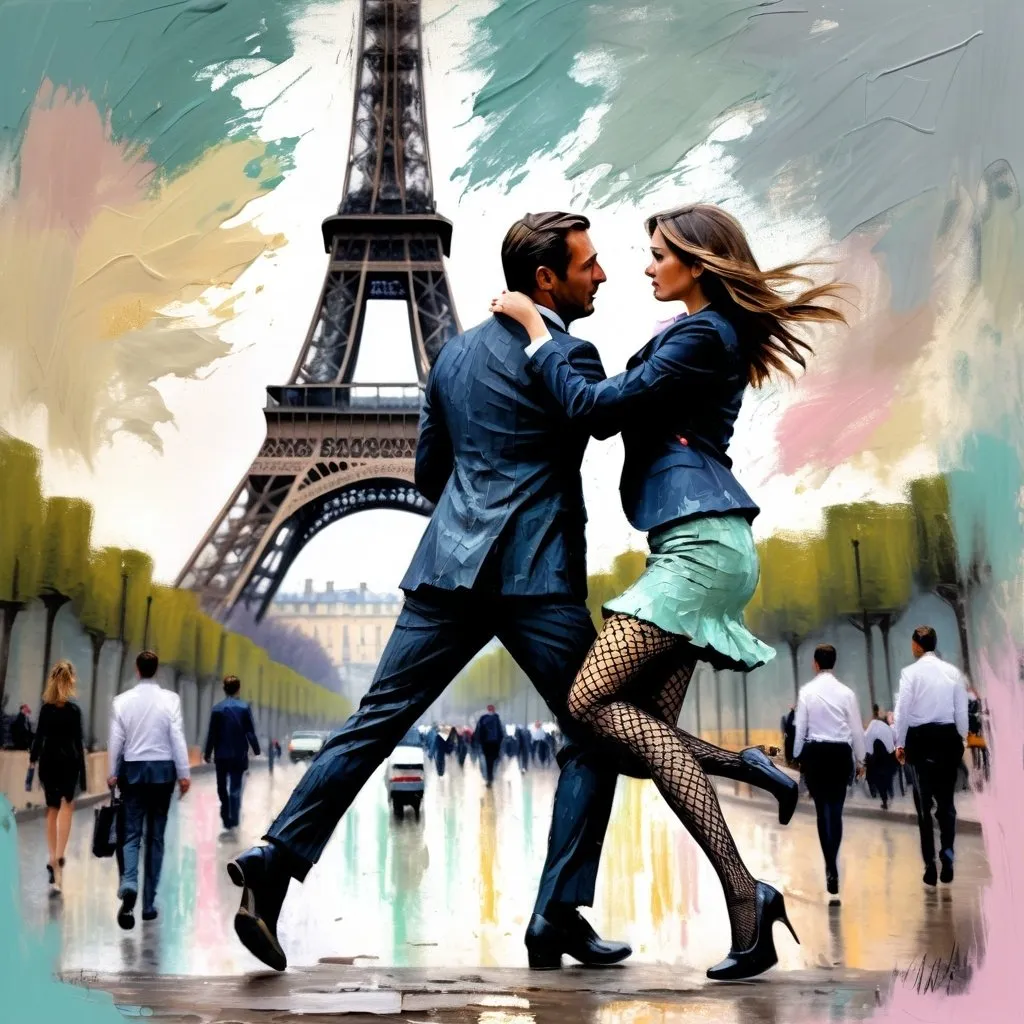 Prompt: intense emotions, impressionism, visible strokes, thick impasto, rough edges, muted colors, pastel tones, Eiffel Tower , man in suit, woman in short skirt, fishnet tights, intense emotions, rough brushwork, urban setting, textured surface, professional, highres, pastel colors, emotional, expressive, impressionist style, textured brushwork, thick paint application, detailed faces