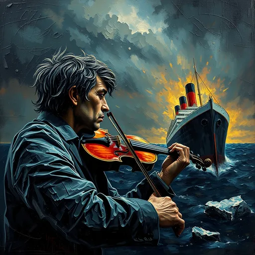 Prompt: (misc-dystopian style), thick impasto oil painting, (dark color scheme), vivid emotions, sad devastated violinist. , Titanic ocean liner sinking, iceberg looms, dramatic atmosphere, distressed violinist, gazing at iceberg, thick bumpy paint strokes, rich texture, (highly detailed), deep shadows, captivating scene, melancholic mood, HD quality, stirring imagery.