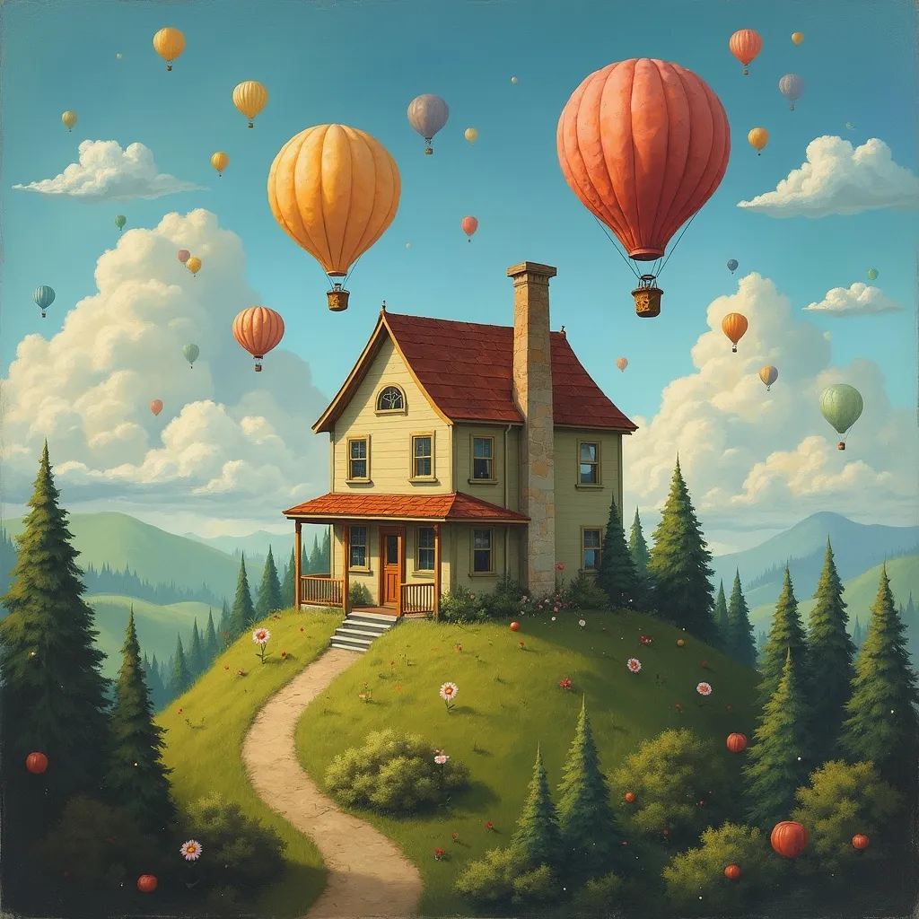 a painting of a house in the sky with hot air balloo...