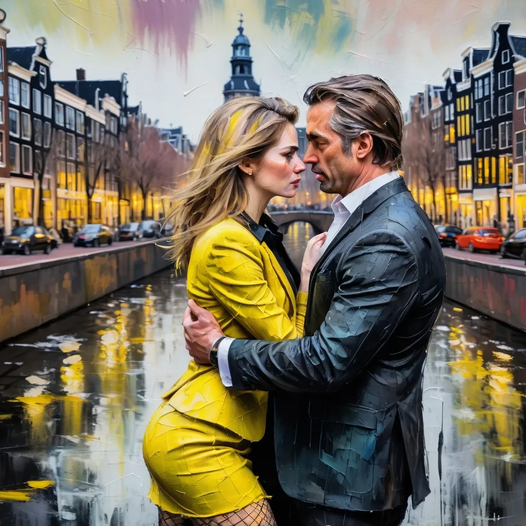 Prompt: intense emotions, close up, impressionism, visible strokes, thick impasto, bumpy brush strokes, rough edges, muted colors, pastel tones, Amsterdam in background, man in suit, woman in short, tight yellow minidress , black jacket, fishnet tights, intense emotions, rough brushwork, urban setting, textured surface, professional, highres, pastel colors, emotional, expressive, impressionist style, textured brushwork, thick paint application, detailed faces