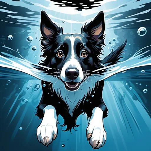 Prompt: (underwater scene) in graphic novel style, (vector art), inspired by Will Eisner, (dynamic comics-like details), (skinny black and white border collie with pointy ears), floating gracefully underwater in a clear pool, vibrant blue hues, contrasting shadows, playful atmosphere, depicting a sense of movement and freedom, captivating and visually engaging, (highly detailed), (cinematic composition).