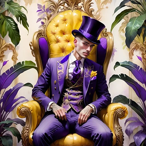 Prompt: digital watercolor painting, a man wearing an intricate three piece suit and top hat, sitting in a ornate wing back chair, a room painted gold with bizarre very large purple and yellow tropical plants, gold and purple , bold brush strokes, art nouveau