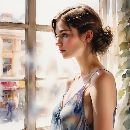 Prompt: Watercolor portrait of a brunette young woman in 20s, lightweight summer minidress, side view, profile looking in the window of a fashion store. Steve Hanks style, ethereal watercolor, detailed facial features, flowing fabric, urban setting, delicate brush strokes, high quality, see-through, light and airy, ethereal, Steve Hanks style, detailed facial features, flowing fabric, urban setting, delicate brush strokes, high quality, ethereal watercolor, colorful, soft lighting