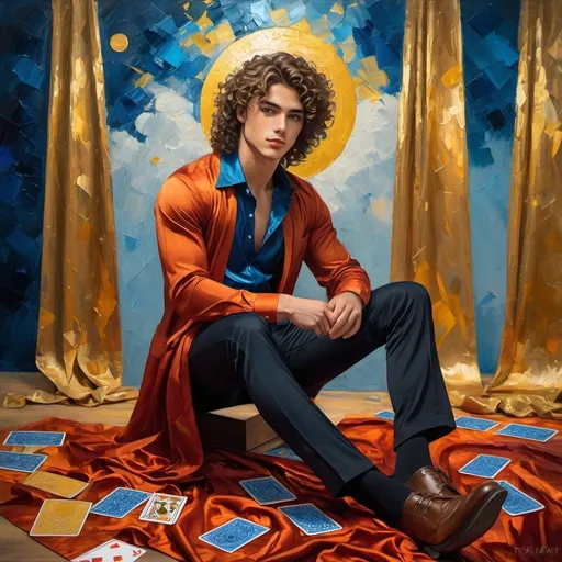 Prompt: Stunning 22-year-old man, curly long brown hair, full body shot, thick impasto oil illustration, emphasis on legs, blue satin shirt, black satin trousers, large palette-knife strokes, tarot card style, impressionistic, high quality, thick oil paint, detailed clothes, vibrant yellow and blue tones, artistic, professional lighting