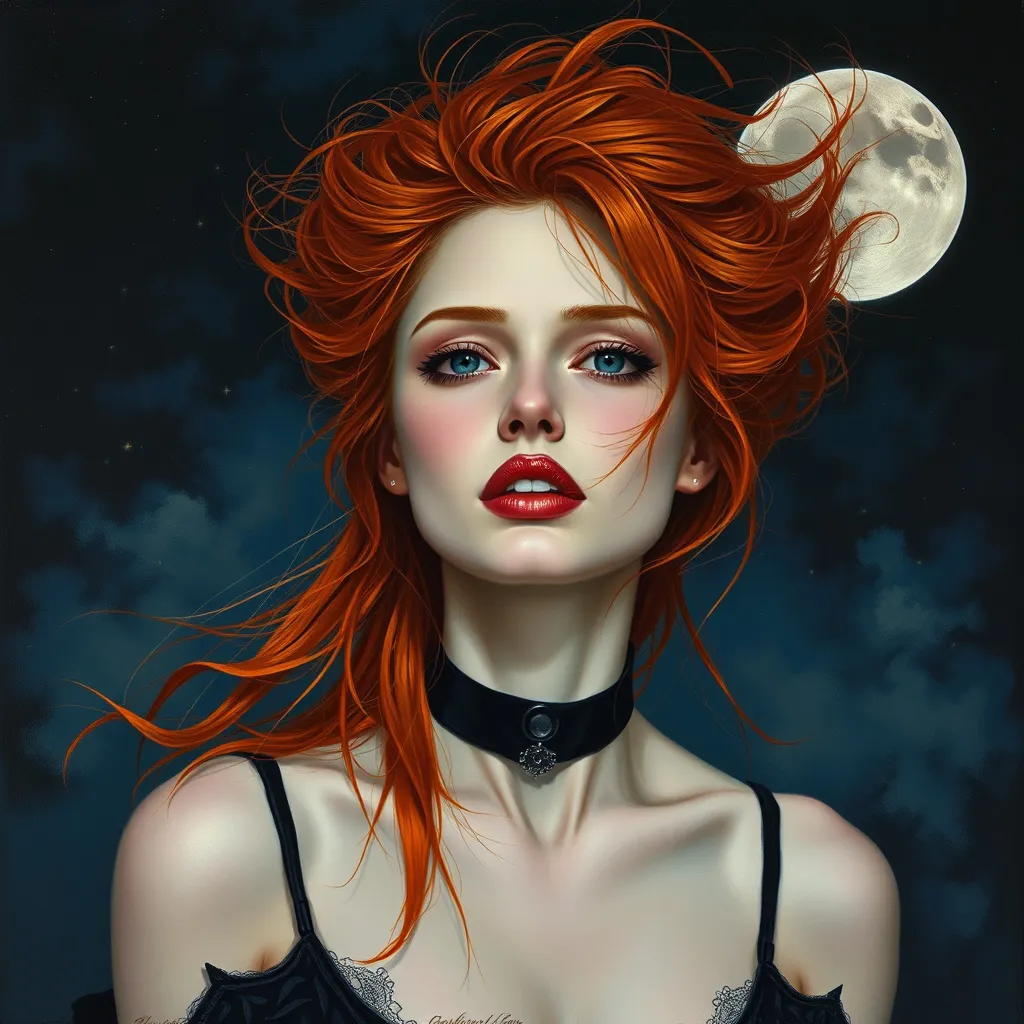 Prompt: a painting of a woman with messy wild red hair and orange hair, wearing a black choker, gothic background and a night sky, Charlie Bowater, figurative art, stanley artgerm lau, a fine art painting