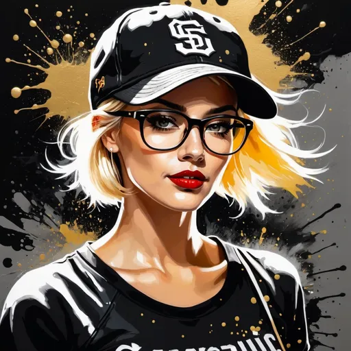 Prompt: Dynamic gold and silver ink medium shot painting of a Caucasian woman with glasses, short blonde hair, wearing San Francisco baseball cap, black tee shirt , standing against a wall at a club, UHD facial features, dramatic splatter ink painting, 40s, dynamic action, dramatic splatter ink style, high energy, fast-paced, energetic, high-contrast spot lighting