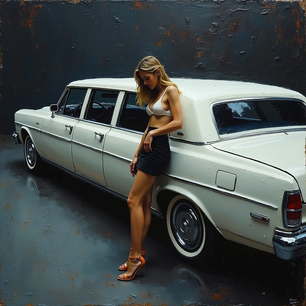 Prompt: (thick impasto oil painting), sad woman (in tight black skirt), leaning against a long white limousine car, profile view, looking to one side, rich texture of thick bumpy paint strokes, dramatic lighting, moody ambiance, emotional depth, high detail and color contrast, evocative scene, sophisticated background.