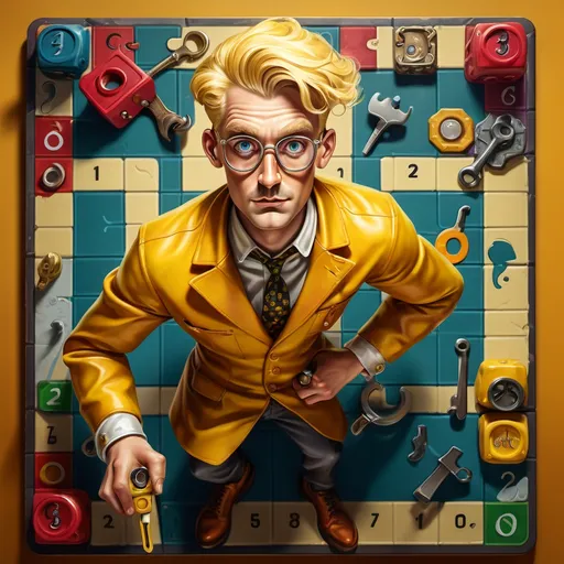 Prompt: The board game called “Clue” : blond man dressed as Colored Mustard holds a wrench. surreal board game based on "Clue", vibrant color tones, dramatic lighting, intense and chaotic atmosphere, detailed character expressions,  intricate game board background, whimsical and trippy elements, high level of detail, 4K, ultra-detailed faces, 2D illustration, trending on artstation