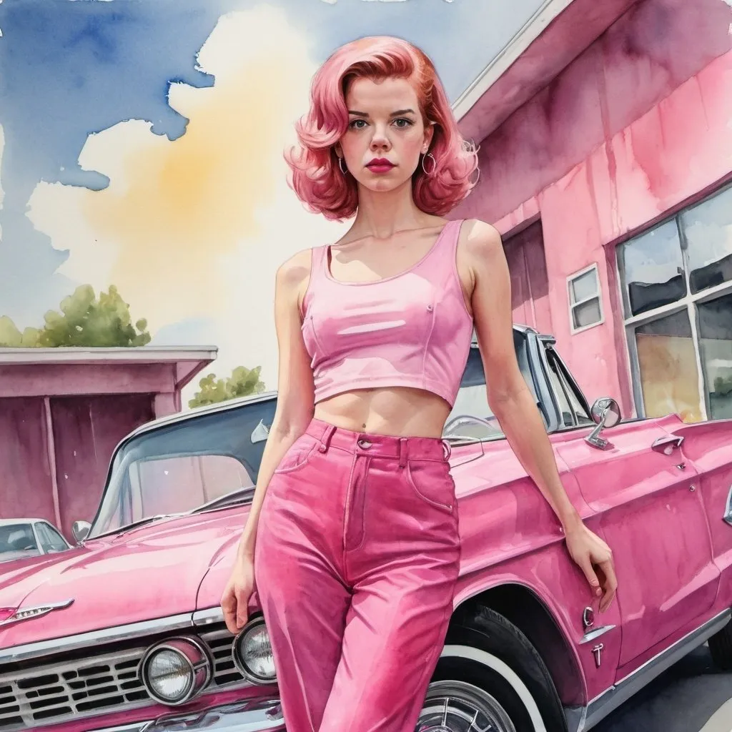 Prompt: Pretty in pink. Watercolor and gouache. A full body shot, a wide shot, showing a hot pink 1960 Chevy corvair in in a parking lot. An attractive young woman with Molly ringwald’s hair color and style mixed with face of Anya Taylor Joy is leaning against the car. She is wearing a funky all pink outfit.