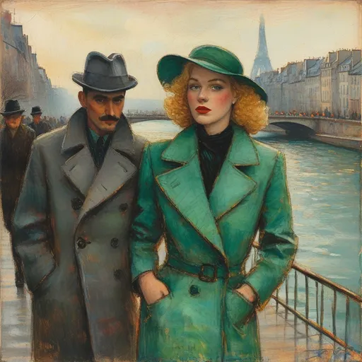 Prompt: (Abstract impressionistic colored ink drawing), vibrant color scheme, (1941 Paris), shadowy streets at night, portrait of a man and woman, wavy blonde green-eyed woman in fashionable boots, tall blonde man in gray overcoat, both drunkenly walking along the Seine, intense contrasts, evocative shadows, romantic yet gritty atmosphere, high quality, ultra-detailed, cinematic depth.