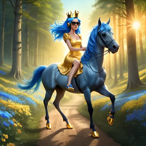 Prompt: Princess , 35. years old, with cool sunglasses and gold headphones , bright blue hair with crown, short dress and bare legs, short riding slippers, riding powerful well defined horse along path through forest. spring, blooming, sunrise, forest, sun light, light from behind, fields, flowers Ultra high definition,  very detailed face. Style of rackham