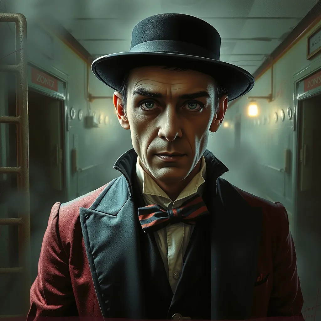 Prompt: A surreal digital painting of a mysterious magician in an eerie insane asylum, dark and haunting, intricate details, high definition, surrealism, dark fantasy, haunting atmosphere, magician's intense gaze, vintage-style, mystical, eerie lighting, asylum setting, mysterious aura, moody color palette, elaborate magician's attire, unsettling environment, skilled brushwork, haunting shadows, surrealistic, high quality