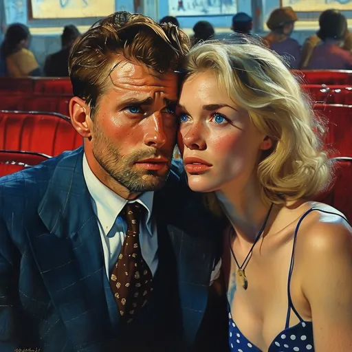 Prompt: Colored pencils, mixed media, gouache, watercolor, ink. Pastel tones. A man and a woman. Intense emotions. Full body shot. Man is worried, tall, trendy suit, brown hair, 45. Woman is beautiful blonde haired with many freckles. wavy hair, raw photo. Look at each other with worry and concern. Aged rundown movie house in background.  Slender small-waist long legs, melancholy woman, two bright blue eyes, three quarter profile, embracing man near people in movie line.  She wears very tight, very short thigh-high. Teal Blue Polka dot satin miniskirt with turtleneck, long heart shaped necklace , natural textured skin, high-quality, detailed, realistic, , atmospheric lighting, movie patrons in background, blonde woman in miniskirt , tights, leggy