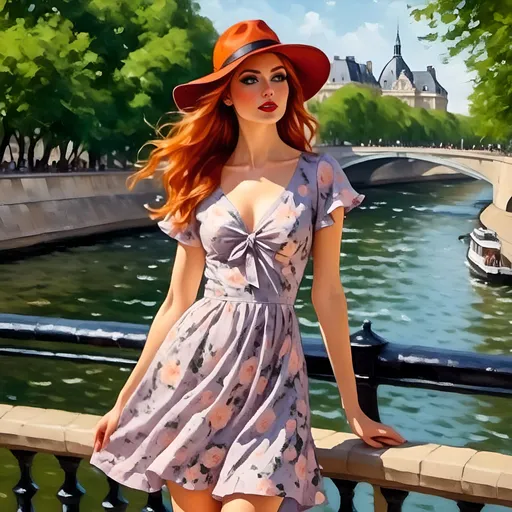 Prompt: <mymodel> very short floral dress. A walk along the embankment of the river seine.