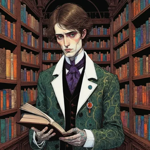 Prompt: Harry Clarke style illustration, strong colors, Surrealism, bizarre, fantastical, fantasy, a magical house, a vast Victorian library, A man with an open medical kit stares books,  25 year old, neat trim brown mullet hair,  doctors white coat, Surreal, detailed facial features 