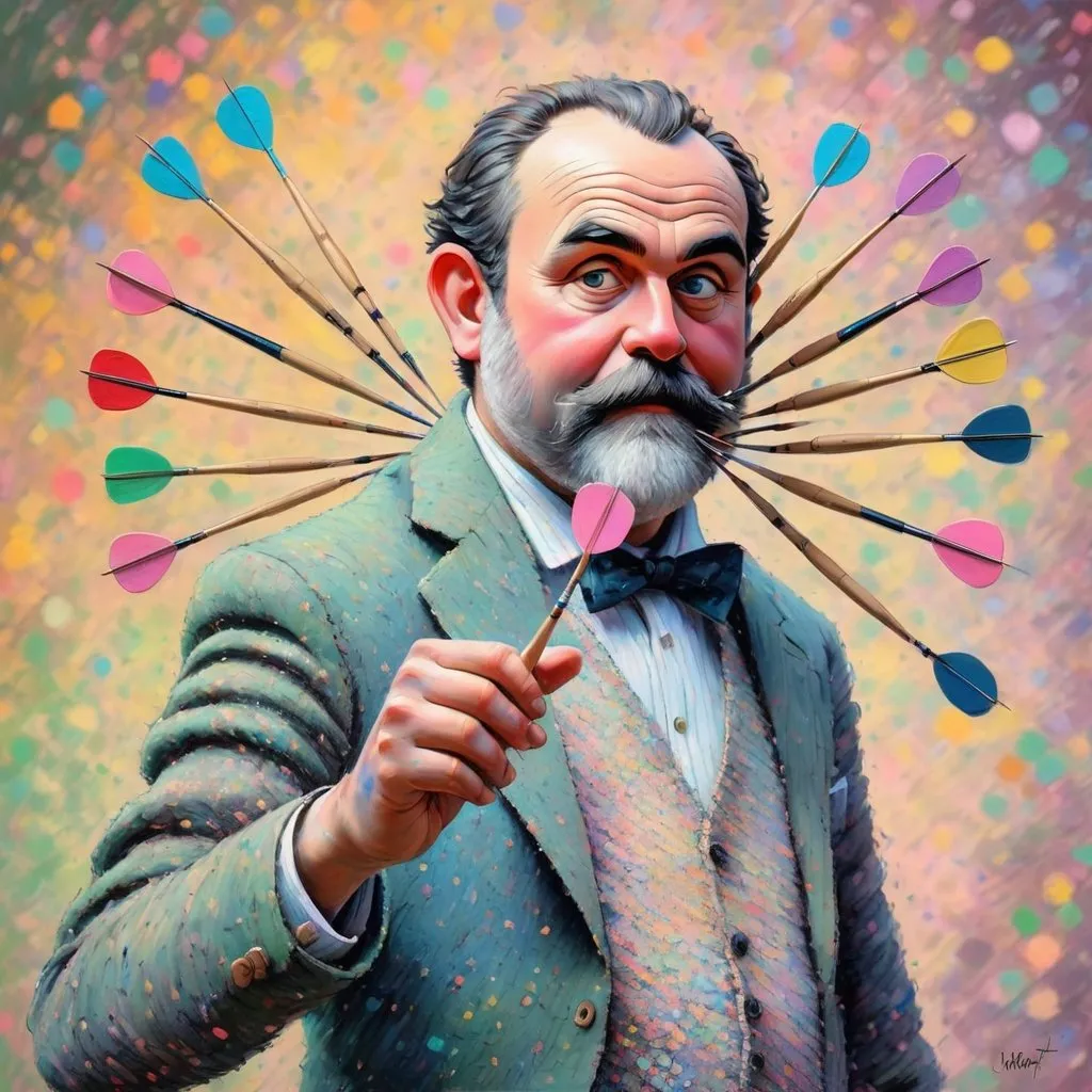 Prompt: A portrait painting of a man playing darts , in the pointillism style of Claude Monet, with soft pastel colors.