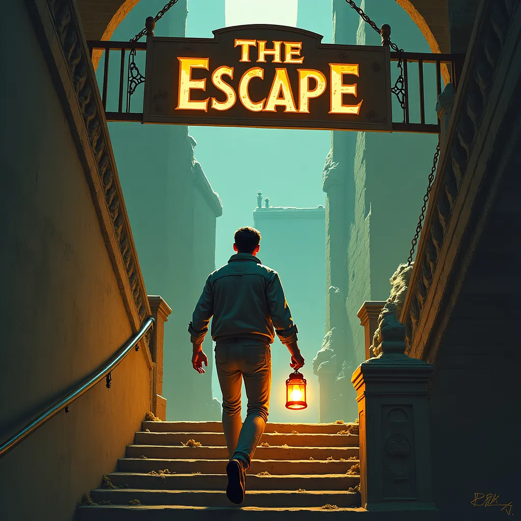 Prompt: a man with a lantern in his hand running down a staircase and a sign above him that says [THE ESCAPE], Dirk Crabeth, fantasy art.