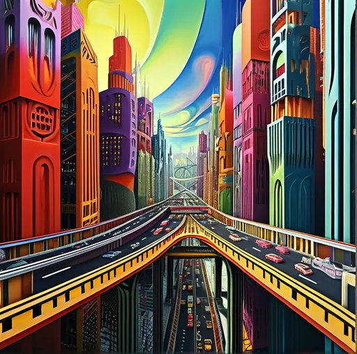 Prompt: (surrealism style), vibrant colors, (M.C. Escher-inspired) city freeway system , featuring intricate geometric patterns and mind-bending perspectives, dynamic shadows and highlights, creating an illusion of depth, captivating ambiance, (ultra-detailed), emphasizing the contrast of the highway against the colorful and complex design, whirling reds and blacks and numbers, inviting viewers to explore.