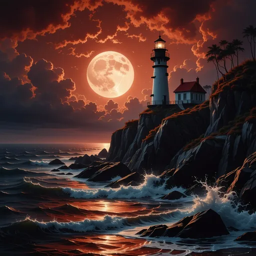 Prompt: (lighthouse on a rocky shore), (full moon), (red sky), stunning fantasy art, breathtaking full moon illumination, rich and vibrant color palette, cinematic depth, intricate details, atmospheric shadows, ethereal mist over waves, masterful matte painting, dramatic horizon, tranquil yet powerful ambiance, high-quality ultra-detailed rendering.