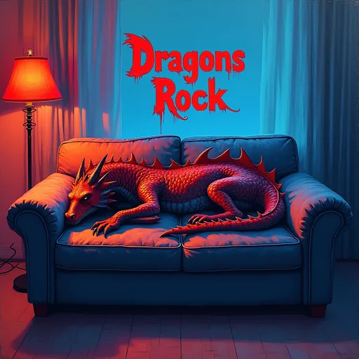 Prompt: The words above the sleeping dragon reads: ‘Dragons Rock’.Vibrant expressionist painting of a sleeping dragon on a living room couch, dark blue and red color palette, dynamic lighting with dramatic light and shadow, high-quality, expressive, dark red, blue, vibrant, light and shadow, expressionism, couch, living room, sleeping dragon