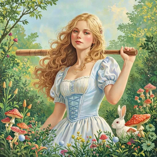 Prompt: In a captivating illustration, a 28 year old woman with flowing, wavy blonde hair holds a croquet mallet over her shoulder, her expression a blend of curiosity and contemplation. She is adorned in a vintage-inspired outfit featuring a pale blue bodice paired with puffed sleeves, which harmonizes beautifully with the vibrant background of lush greenery and an array of colorful mushrooms. Nestled among the foliage, a small, white rabbit peers out, adding an element of whimsy to the scene. The overall composition showcases a dreamlike quality, with soft lighting enhancing the rich color palette of greens, reds, and yellows, evoking a sense of tranquility and enchantment reminiscent of fairy tales. This artwork invites viewers to immerse themselves in a serene, magical world filled with both natural beauty and a hint of mystery.