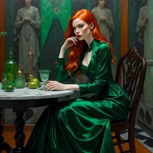 Prompt: <mymodel> pale red hair, Scottish complexion , a painting of a woman in green dress sitting atop a table, her legs crossed. Woman gothic knight necromancer summoner, by Emily Mason, octane render, inspired by Dustin Nguyen, dug stanat, intricate body, taschen, TIFF