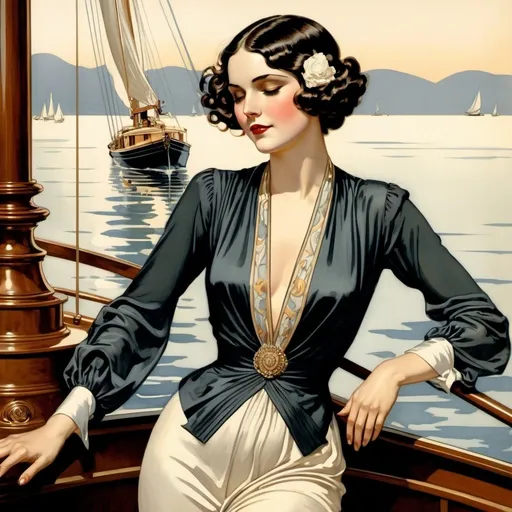 Prompt: Sad brunette weeping into her hands, man sailing away on yacht, Leyendecker illustration, Jazz age, vintage, emotional, detailed tears, classic art style, 1920s fashion, high quality, vintage illustration, emotional, classical, dramatic lighting