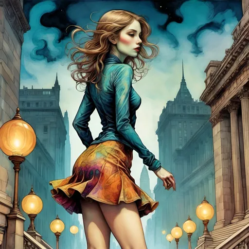 Prompt: Surrealistic, fantastical mystery mystic mythic illustration a woman in very short skirt. Top steps of New York public library, upward perspective, Arthur Rackham style, vibrant colored triadic inks, bizarre, fantasy, detailed, highres, surreal, magical lighting, vibrant colors, professional, atmospheric lighting