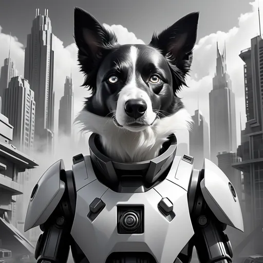 Prompt: black and white, (robot border collie dog), pointy ears, (helmet), (gun) in hand, standing boldly, (futuristic cityscape), (airbrush painting), dynamic composition, (Beeple-inspired), (shock art), intricate detailing, expressive, dramatic lighting, high contrast shadows, urban atmosphere, captivating backdrop, (ultra-detailed), (4K).