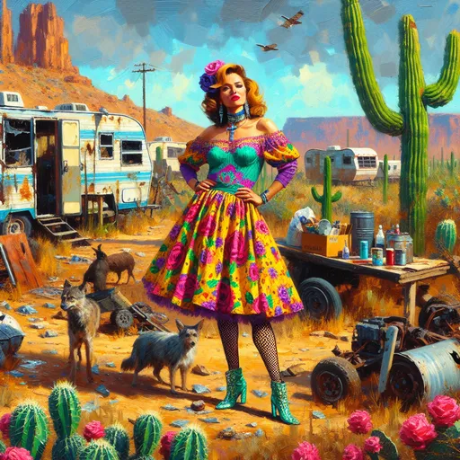 Prompt: Impressionistic thick impasto oil illustration set in the Arizona desert, in a bomb blasted Arizona trailer park.  an alluring woman in a babydoll dress worn over yoga pants. all dressed in crazy color post-apocalyptic fashion, full body shot, large palette-knife strokes, western American style, high quality, thick impasto, oil illustration, post-apocalyptic, detailed crazy colors, full body shot, cactus, desert animals, bombed trailer camp, distressed buildings, large palette-knife strokes, intense, professional lighting