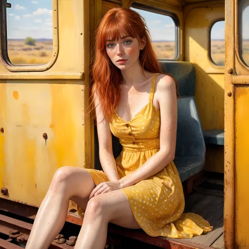 Prompt: <mymodel> (woman with long messy red bangs hair and (natural textured skin freckles) sitting in the open door of a yellow railroad car), (short light brown beige polka dot dress), (perfect legs crossed), vibrant yellow railroad car, colorful inks, (watercolor style of Steve Hanks), palette knife brush strokes, bumpy textures, whimsical feel, (figurative art), breezy atmosphere, bright sunlight, detailed background, (promotional image), ultra-detailed, high quality.